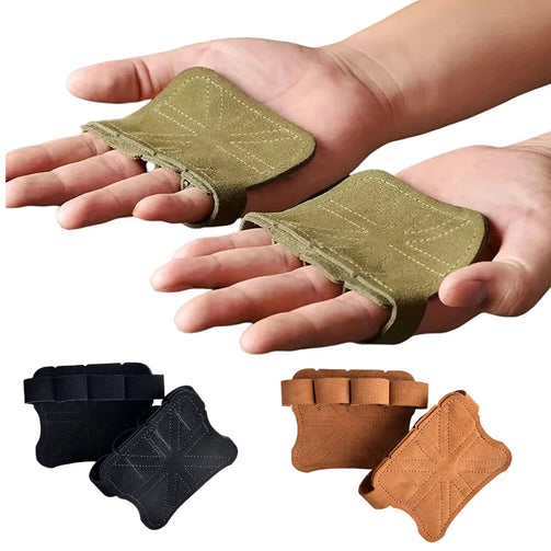 Front view of unisex non-slip leather weightlifting gloves with padded palms