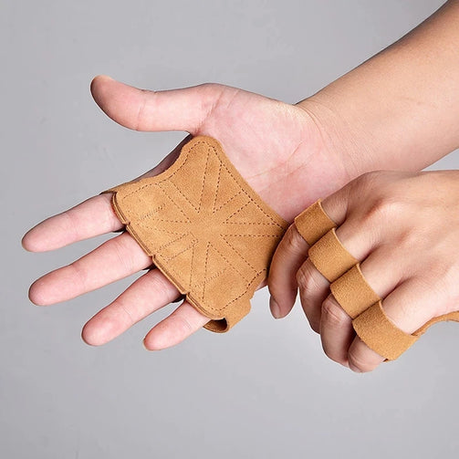 Close-up of leather palm grip on weightlifting gloves for improved traction