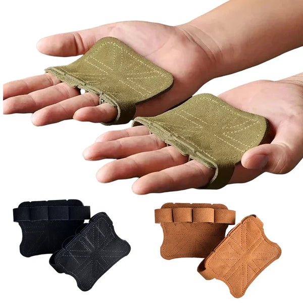 Close-up of non-slip leather weightlifting gloves with wrist support, designed for gym and CrossFit training.